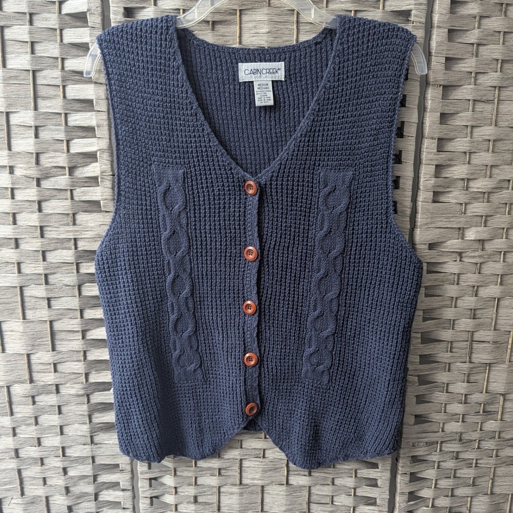Vtg Sweater Vest Navy Blue Cable Knit Button Sz M Old Classic Minimalist Fall